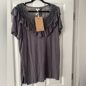 POL Women's Crochet Ruffle Neck Camisole - Charcoal Gray